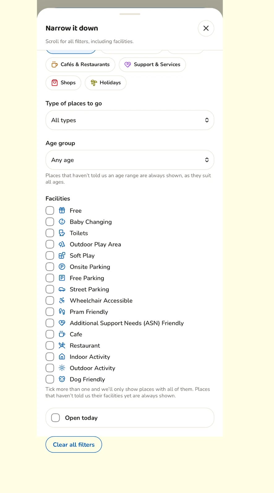 The search page with age group and facility filters, and the map view toggle