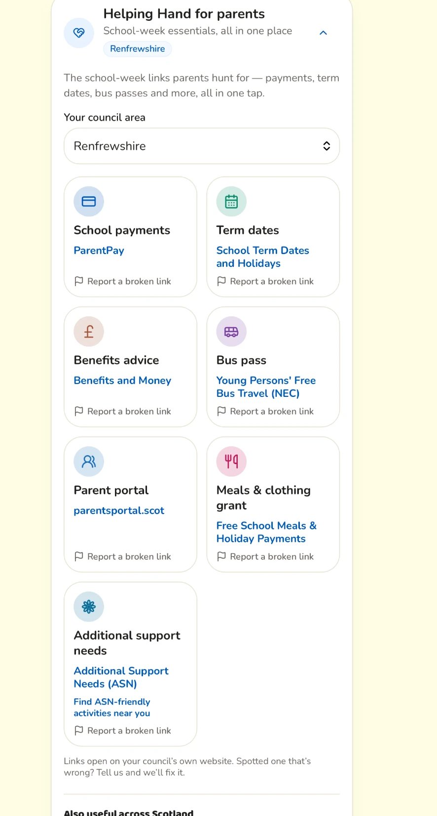 The Helping Hand panel showing council link cards for term dates, school lunches and nursery places