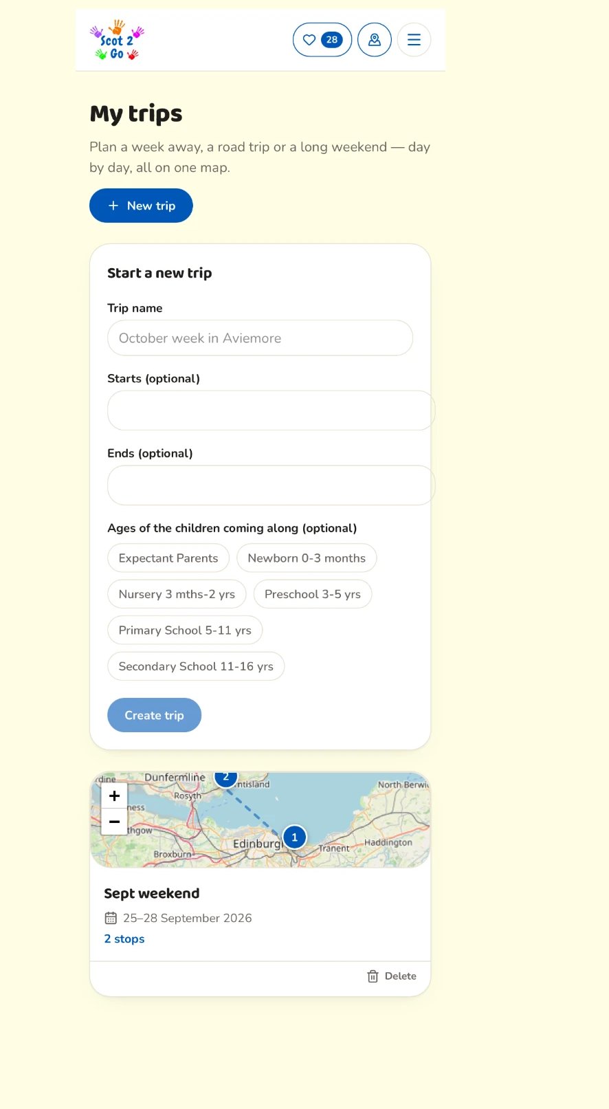 The My trips page with a new trip form and a trip shown on a map