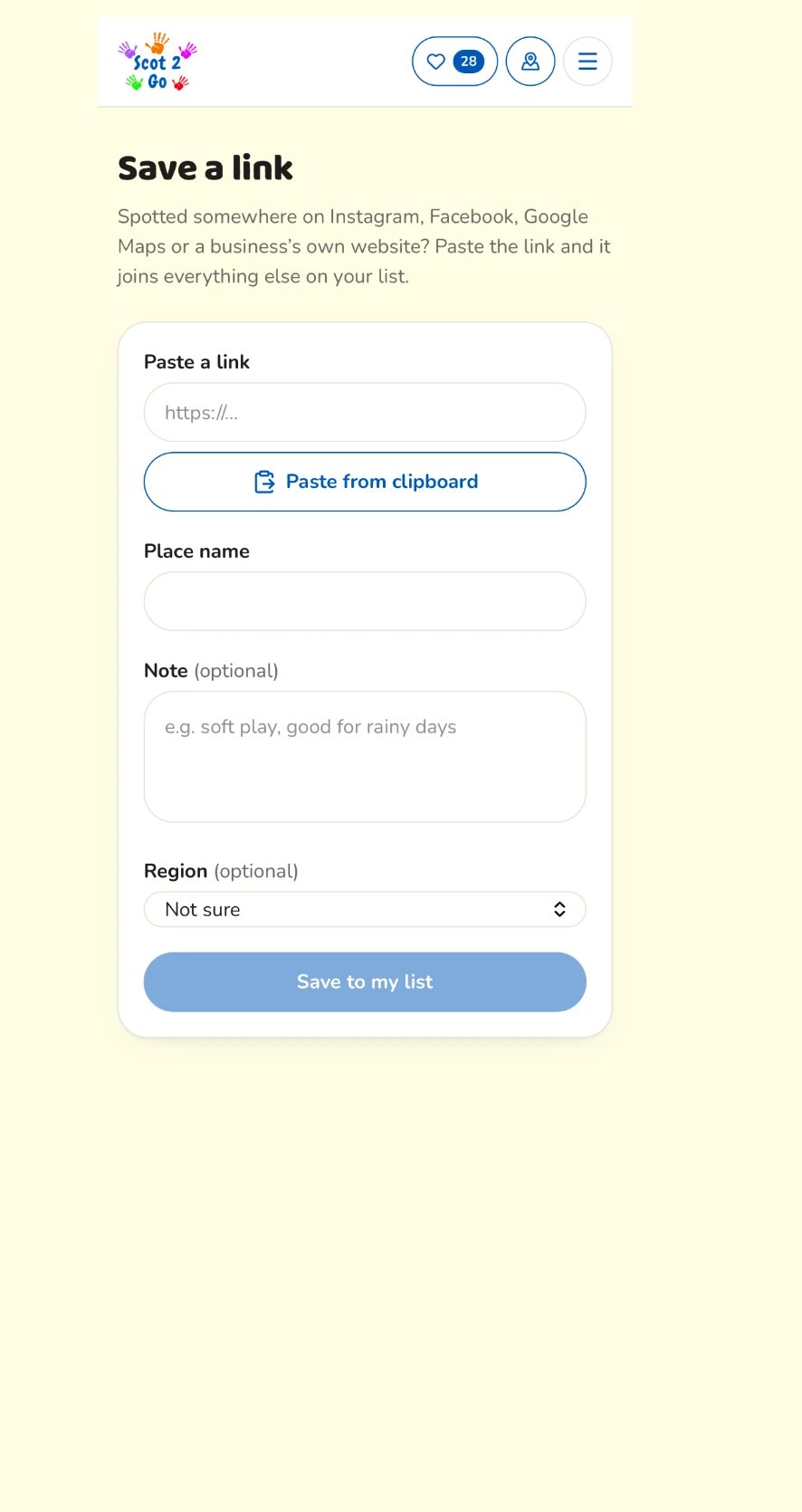The Save a link page with a pasted link, place name and Save to my list button